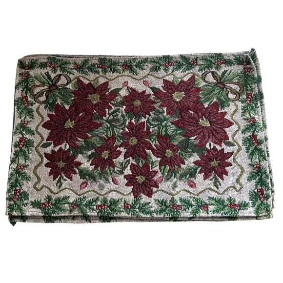 Vintage Red & Green Christmas Poinsettia Tapestry Placemat Set Of 4 - Picture 1 of 8